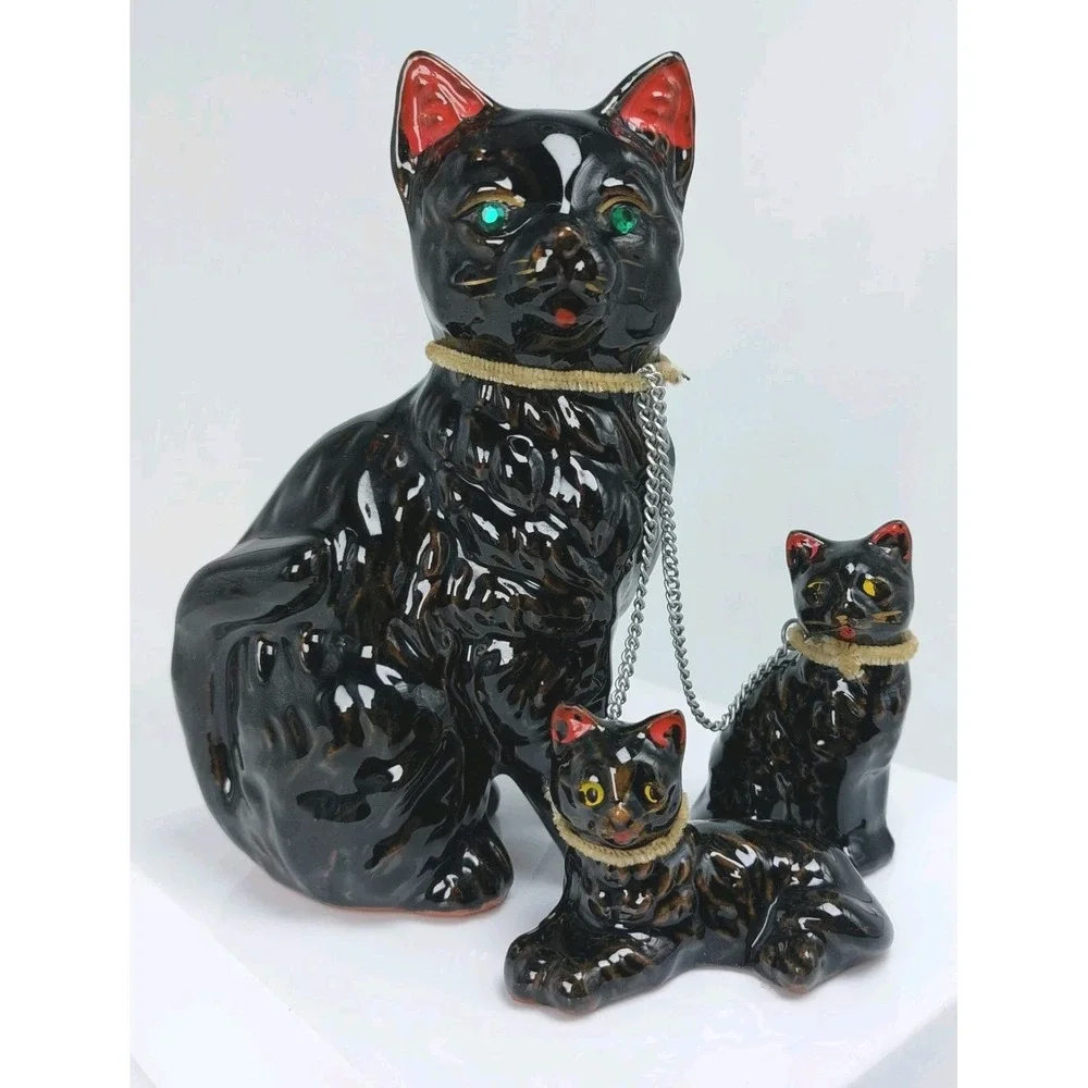 VTG 1950s Redware Black Cat Family Mama &‎ 2 Kittens Figures Green Eyes Japan